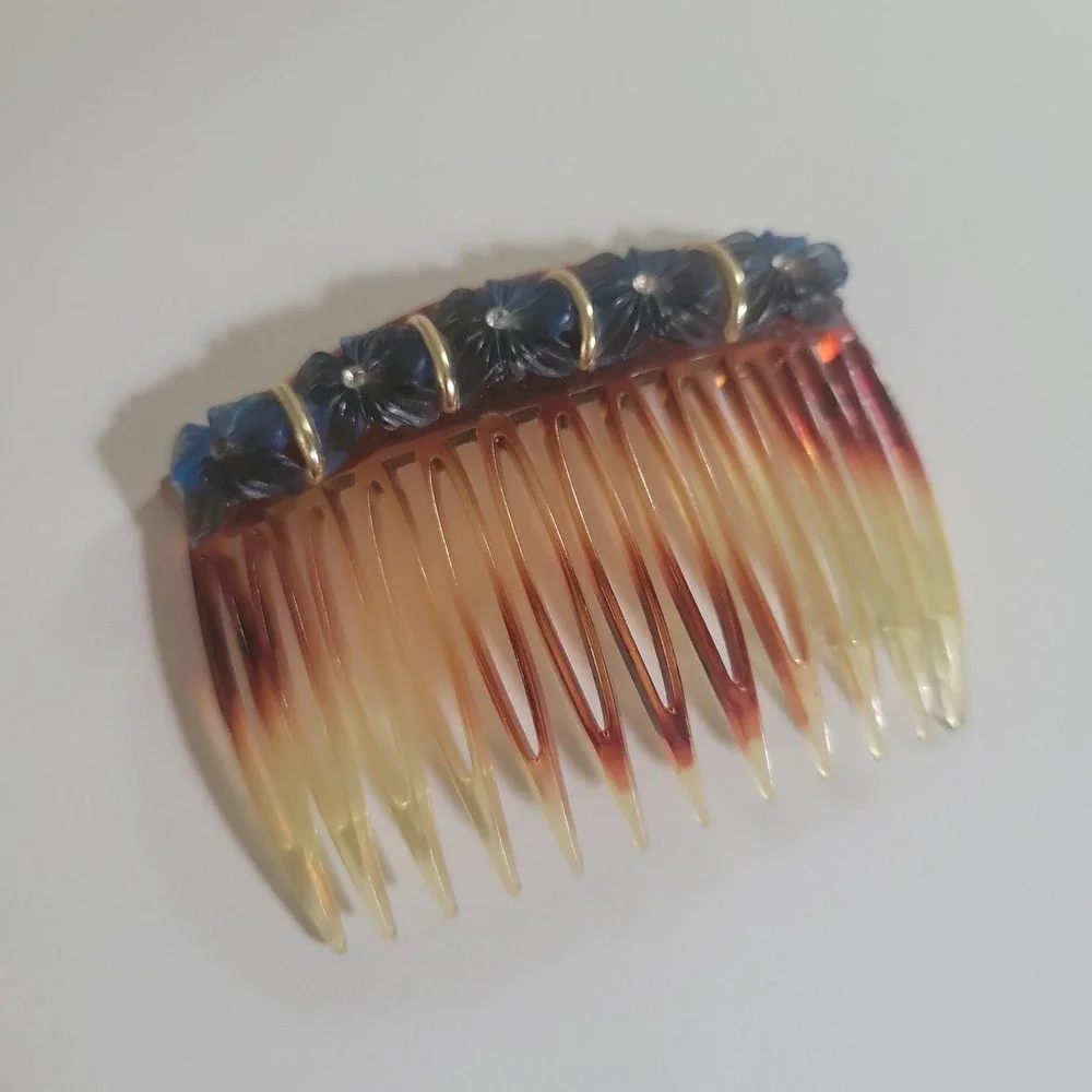 Vintage Italy Tortoise Resin Hair Comb Blue Floral Accents‎ One Size Cottagecore